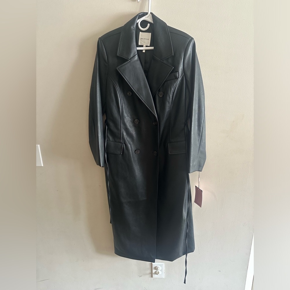 Avec Les Filles Black Faux Leather Double-Breasted Trench Coat Size 1X NWT